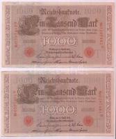 Német Birodalom 1910. 1000M (2x) hétjegyű sorszám, piros pecséttel, sorszámkövetők T:II-,III
German ...