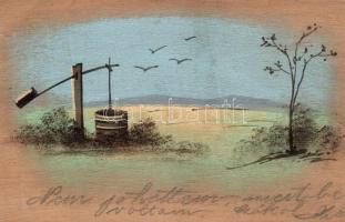 Tájkép, kézzel festett fa képeslap., Landscape, hand-painted, wooden card