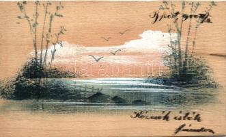 Landscape, hand-painted, wooden card