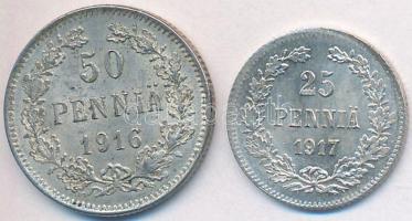 Finnország 1916. 50p Ag + 1917. 25p Ag T:2 Finland 1916. 50 Pennia Ag + 1917. 25 Pennia Ag C:XF