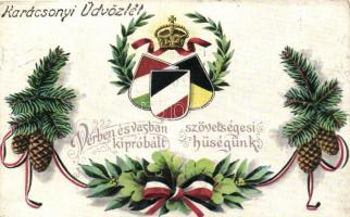 Vérben és vasban kipróbált szövetségesi hűségünk / WWI propaganda Hungarian-Austrian-German association, flags, Christmas (EK)