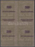 1914 Budapest Törvényhatósága 500K illetékbélyeg próbanyomata négyestömbben, a felirat és értékjelzés kettősnyomatával / Fiscal stamp proof block of 4 with double print