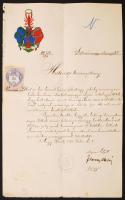 1898 Nagykároly, alispáni helyettes által kiállított családi nemesség- és címerigazolás Szatmár vármegyéből, okmánybélyeggel, az igazolás elején megfestett címerképpel