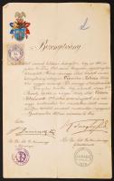 1898 Budapest, alispán által kiállított családi nemesség- és címerigazolás Pest vármegyéből, okmánybélyeggel, az igazolás elején megfestett címerképpel