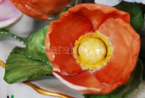 Herendi kézzel festett nagy virágcsokor, sérült, jelzett, m: 15 cm, d: 13 cm