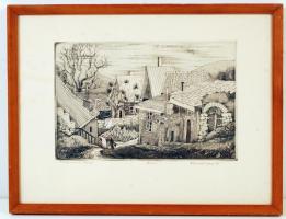 Ábrahám Rafael (1929- ): Nagymarosi házak. Rézkarc, papír, jelzett, 32/100, üvegezett keretben, 29×19 cm
