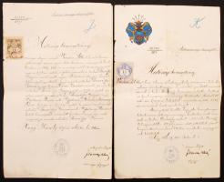 1898 Nagykároly, 2 db alispáni helyettes által kiállított családi nemesség- és címerigazolás Szatmár vármegyéből, okmánybélyeggel, az egyik igazolás elején megfestett címerképpel