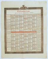 1833 Budae, Calendarium pro Anno Domini 1833, typis Regiae Universitatis Hungaricae(Az 1833. évre kiadott latin nyelvű kalendárium a fontos naptári események, holdállások, postai útvonalak és vásárok idejének feltüntetésével), 44x55 cm