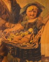 Peske jelzéssel: Gyümölcsszedő gyerekek, pasztell, papír, paszpartuban, üvegezett fa keretben, 39×32...