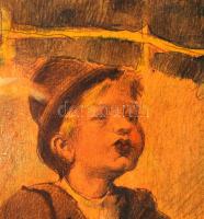 Peske jelzéssel: Gyümölcsszedő gyerekek, pasztell, papír, paszpartuban, üvegezett fa keretben, 39×32...