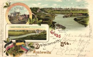 1898 Myslowice Dreikaiserreichs-Ecke German-Russian-Austrian triple border; flags, litho