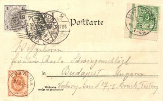 1898 Myslowice 'Dreikaiserreichs-Ecke' German-Russian-Austrian triple border; flags, litho