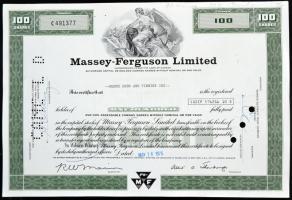 Kanada 1975. "Massey-Ferguson Limited" részvényelismervénye 100 részvényről, perforált és ...