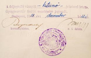 1930 Flóderer István gyógyszerész, okmánybélyeg szakíró gyógyszerészi diplomája