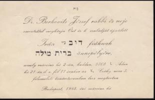 1948 dr. Berkovits József rabbi és neje meghívója fiúk Iván körülmetélési ünnepségére. 8,5x13,5cm