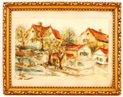 M. A. jelzéssel: Falusi látkép, akvarell, papír, üvegezett fa keretben, 28×18,5 cm