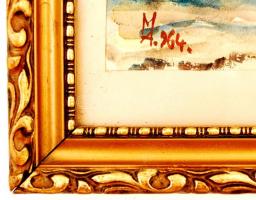 M. A. jelzéssel: Falusi látkép, akvarell, papír, üvegezett fa keretben, 28×18,5 cm