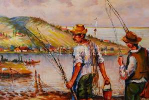 Simon jelzéssel: Horgászok. Olaj, farost, keretben 50×70 cm