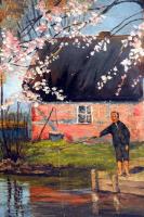 Nusa jelzéssel: Sárga ház a pataknál. Olaj, vászon, antik keretben, 60×80 cm