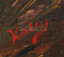 Katcy jelzéssel: Vadászkutya a zsákmánnyal. Olaj, vászon, sérült, antik keretben, 33×40 cm