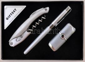 Dachuan ajándék szett: toll, öngyújtó, bornyitó-bicska készlet, saját dobozában