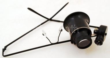 20-szoros nagyítású szemüveg lupé, állítható LED-es lámpával, műanyag tokban, működik