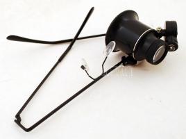 20-szoros nagyítású szemüveg lupé, állítható LED-es lámpával, műanyag tokban, működik