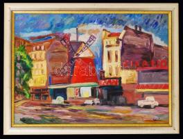 Schéner Mihály (1923-2009): Moulin rouge, olaj, farost, jelzett, fa keretben, 68,5×48 cm