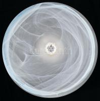 Olasz nagy üveg kínáló tál, kis csorbával ezüst-arany színű talpon, jelzett, d: 40 cm, m: 15 cm