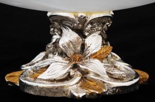 Olasz nagy üveg kínáló tál, kis csorbával ezüst-arany színű talpon, jelzett, d: 40 cm, m: 15 cm