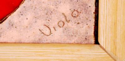 Viola jelzéssel: Lángok. Tűzzománc, fém, jelzett, keretben, 9,5x14,5 cm