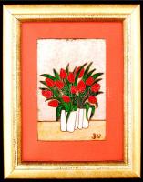 BV jelzéssel: Vörös tulipán. Tűzzománc, fém, jelzett, keretben, 9x14 cm