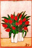 BV jelzéssel: Vörös tulipán. Tűzzománc, fém, jelzett, keretben, 9x14 cm