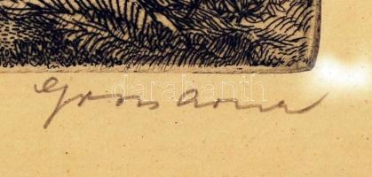 Gross Arnold(1929-): Domboldal. Rézkarc, papír, jelzett, üvegezett keretben, 29x20 cm