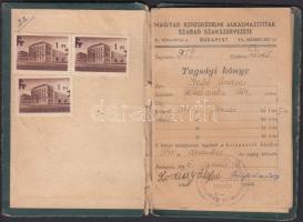 1945 Bp., A Magyar Kereskedelmi Alkalmazottak Szabad Szakszervezetének tagsági könyve tagdíjbélyegekkel