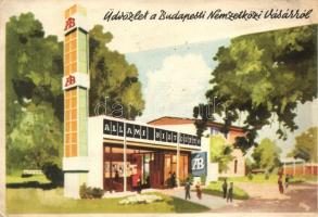 Budapest - 2 db képeslap, BNV Nemzetközi Vásár, Állami Biztosító, reklám, artist signed