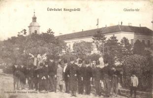 Szeged, Gizella tér, Ipartestület háza, templom, Grünwald Herman kiadása (r)