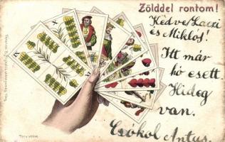 'Zölddel rontom!' magyar kártyás képeslap; kiadja Ferenczi B. / Tell playing cards, litho (b)