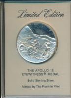 Amerikai Egyesült Államok 1973. "Apollo 15 - Scott Worden Irvin" sterling ezüst medál, sorszámozott (00271), műanyag és papír dísztokban, tanúsítvánnyal (38mm) T:PP  USA 1973. "Apollo 15 - Scott Worden" eyewitness solid sterling silver medal in original plastic and paper case, numbered (00271) with certificate (38mm) C:PP