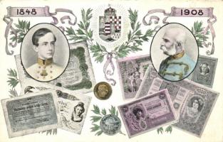 1908 Ferenc József évforduló, bankjegyek, érmék / Franz Joseph's 50th anniversary of reign, Hungarian banknotes, coins