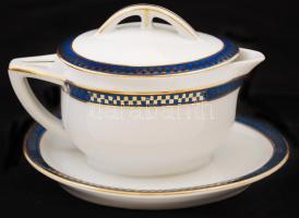 Fischer Emil arany-kék porcelán kiöntő fedéllel, hibátlan, jelzett, h: 14 cm, m: 9 cm