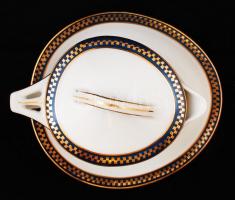 Fischer Emil arany-kék porcelán kiöntő fedéllel, hibátlan, jelzett, h: 14 cm, m: 9 cm