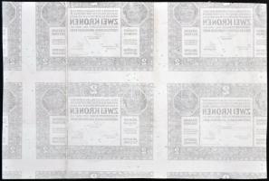 1917. 2K piros próbanyomata 4-es ívben, előlapon csak magyar nyelvű szöveg, vastag kartonszerű papír...