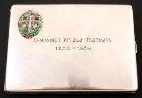 Ezüst cigarettatárca, jelzett, Damjanich KP. ZLJ. Tisztikara 1930-1934 felirattal, tűzzománc díszítéssel. br.: 190gr, 8,8x11,5x0,8cm
