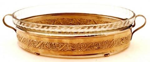 Üveg betétes, fém tartós, nagy kínáló 28x19cm, bombonier d:9cm