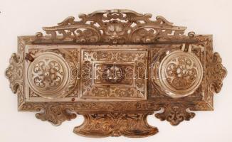 Régi, gazdagon díszített alpakka tintatartó szett két üvegcsével, 29×16×8 cm