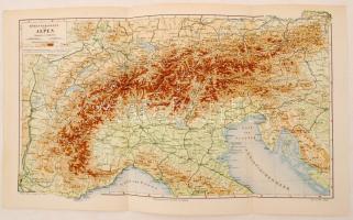 cca 1902-1909 2 db térkép az Alpokról a Meyers-féle lexikonból, 24x30 cm és 40x24 cm / cca 1902 2 Alps maps from the Meyers Lexikon