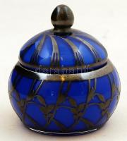Kék üveg bonbonier plasztikus ezüst(Ag) festéssel, repedéssel, d: 9 cm, m: 10 cm