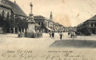 Zombor, Sombor; Szent György tér, Kossuth utca, templom, Schön Adolf üzlete / square, street, church, shops (EK)