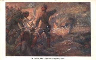 48. sz. Rohr gyalogezred, Pacor ezredes orosz csapatok ellen Pawlow-nál / WWI Hungarian infantry and colonel, attacking the Russians, artist signed (small tear)